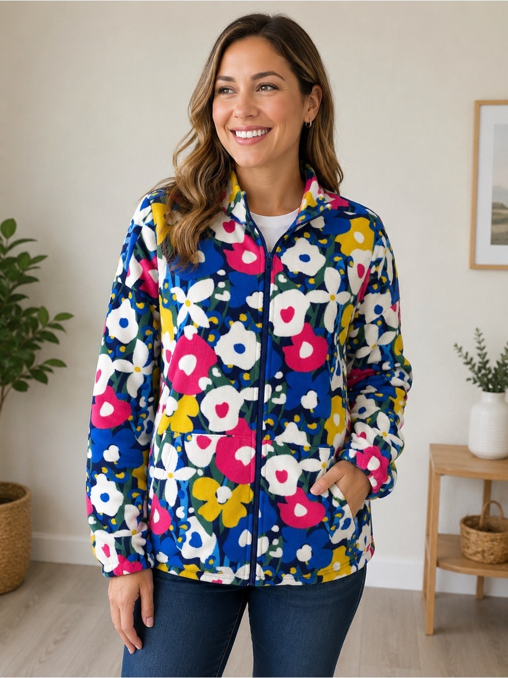 Floral Zip-Front Teddy Jacket - Blue Multi